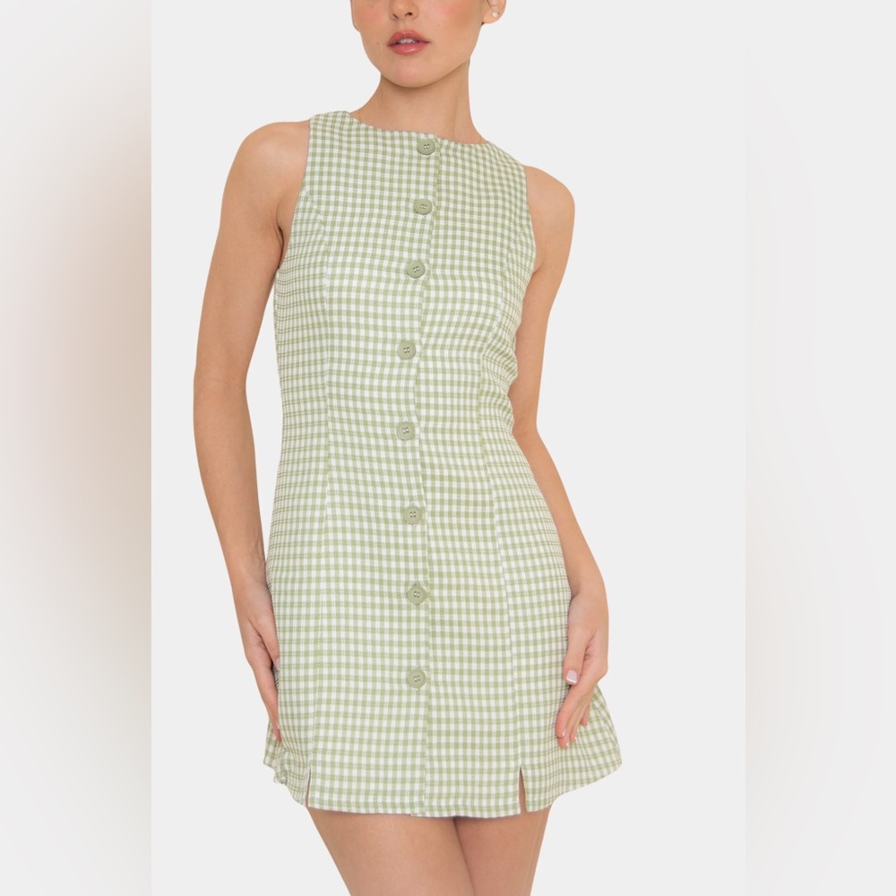 Sleeveless Green Gingham Button-Front Mini Dress by Hausen